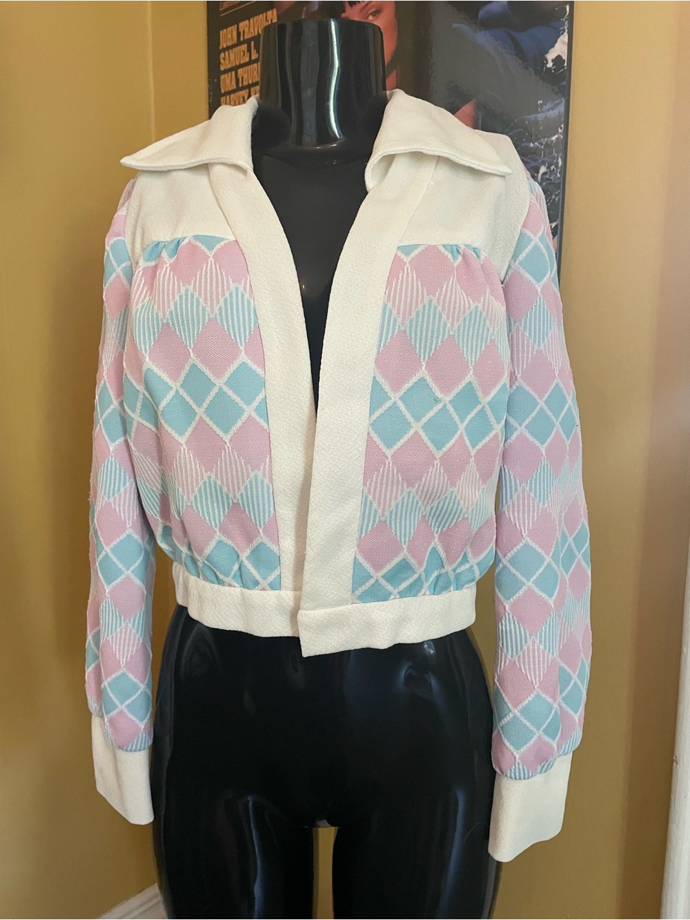 Pastel Argyle Cropped  Vintage Cardigan Jacket - ( Medium )